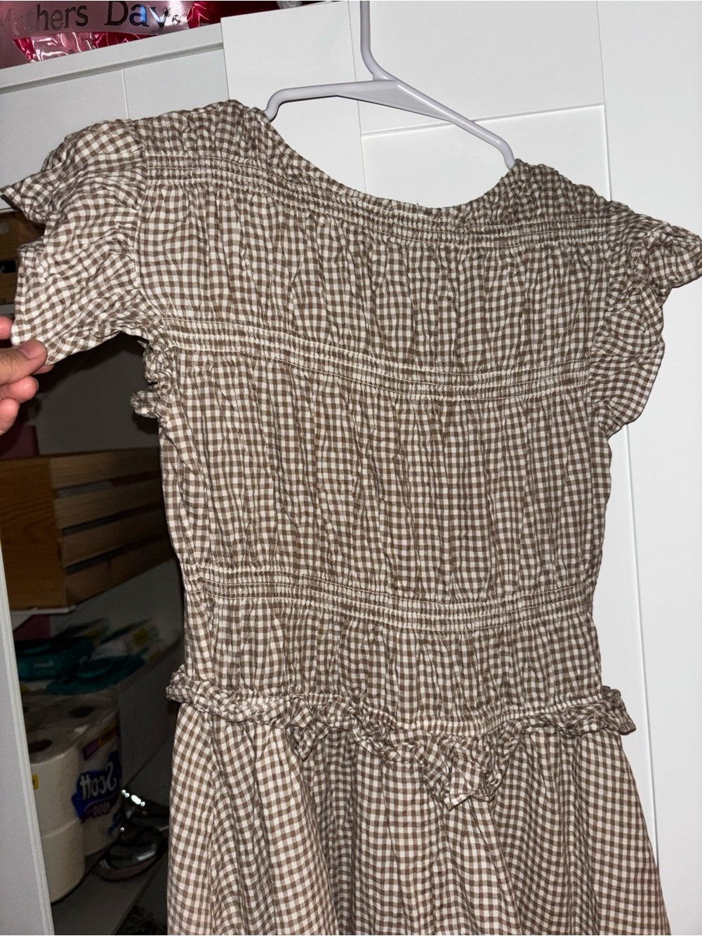 Smocked Gingham Midi Dress in Beige - Picture 5 of 5